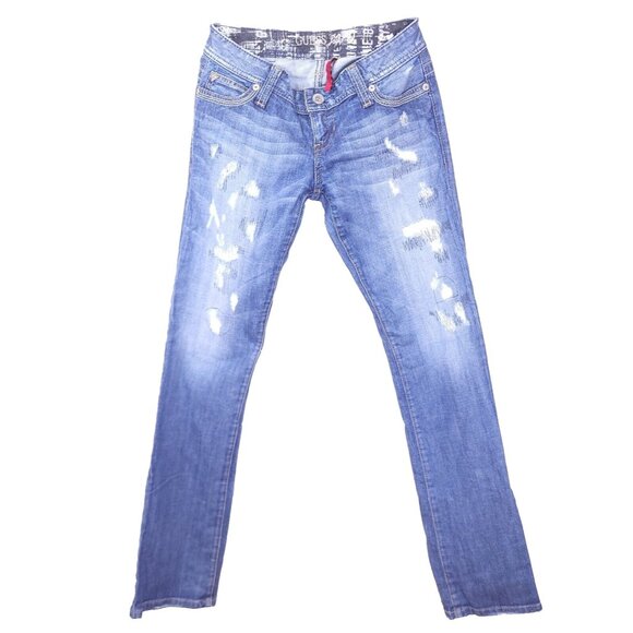Guess Flirty Size 26 Blue Jeans Straight Leg Distressed Design Low Rise Stretch - Picture 1 of 8